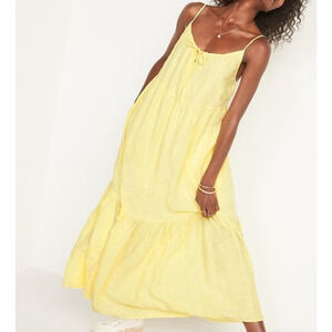 Old Navy Yellow Tiered Maxi Sun Dress Embroidered Sleeveless Pockets Sz XL Tall